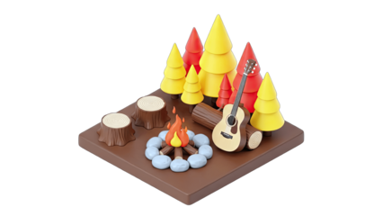 Camping Scene with Guitar and Campfire Illustration