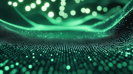 Glowing green dots forming an undulating abstract surface, representing a complex digital network or the flow of data within a technological landscape
