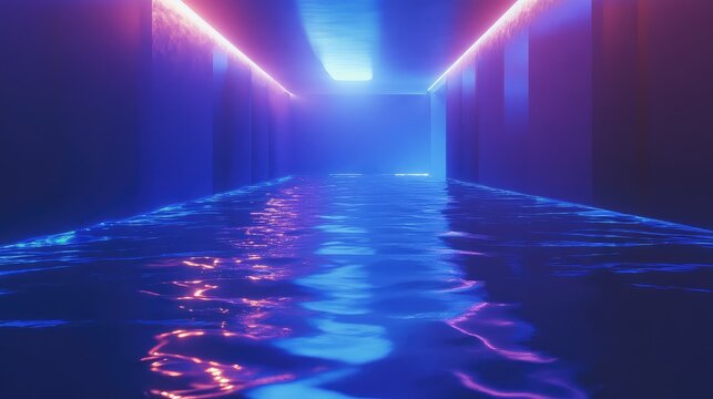 Dark architectural corridor features vibrant blue and pink neon light strips illuminating the undulating liquid floor, creating dynamic reflections and an immersive, abstract virtual scene - Powered by Adobe