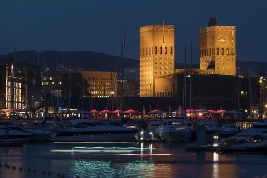 Illuminated Oslo City Hall, Aker Brygge, Oslo, Norway