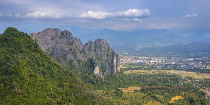 Panorama of Vang Vieng and the Kart landscape from Pha Ngern View Point, Vientiane Province, Laos