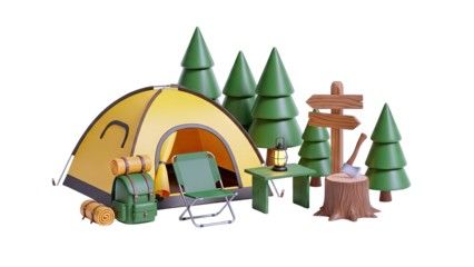 Camping Scene with Tent, Trees, and Accessories
