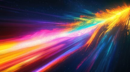 Dynamic abstract background showing a colorful light stream with a spectrum of hues spreading outwards like an energetic explosion against a dark, starry backdrop