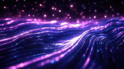 Glowing purple and blue particles creating abstract undulating waves, representing data flow, energy transmission, and futuristic technology patterns in a vibrant liquid like surface