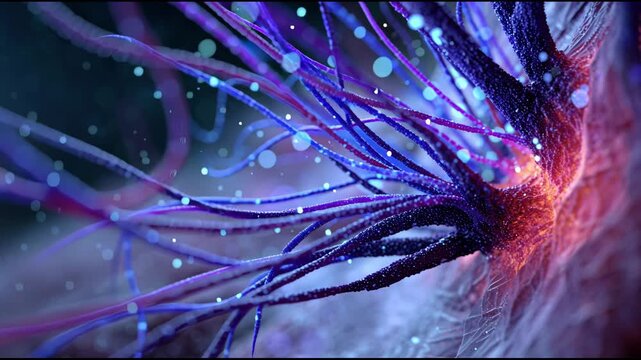 Neuron dendrite synapse neuropsychopharmacology filament glowing purple blue closeup organic network axon neurotransmitter