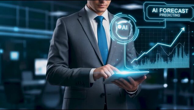 Professional businessman analyzing financial stock market investment with digital AI forecast hologram on tablet, predictive economy data analysis and trading strategy concept in modern office.