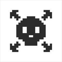 Skull and bones pixel sign, virus skull icon, 8 bit hacker cyber computer.