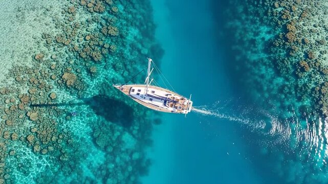 Sailing yacht navigating through vibrant coral reef in crystal clear waters