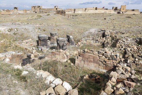 Columns of the Zoroastrian Fire temple, Ani Archaeological site, Kars, Turkey