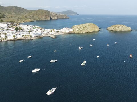 The fishing village of La Isleta del Moro. Aerial view. Drone shot. Nature Reserve Cabo de Gata-Nijar, Almer&iacute;a province, Andalusia, Spain