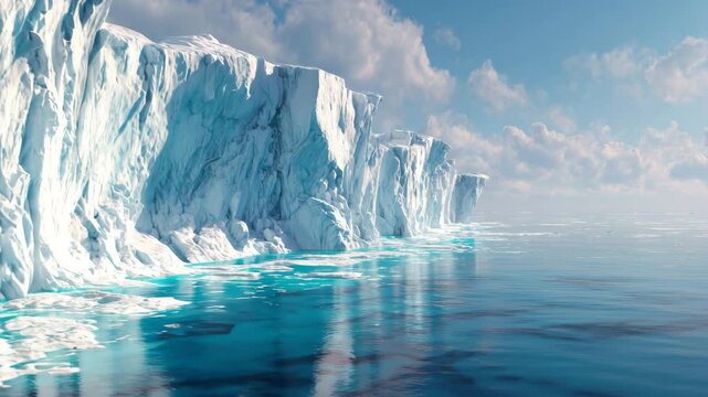 Massive glacial ice wall meeting deep blue ocean under sky