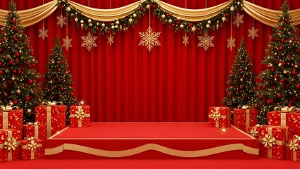 Christmas stage decorated with red curtains, trees, gifts, and golden garlands