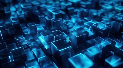 Futuristic textured surface presenting an abstract concept of interconnected digital blocks and glowing geometric shapes representing data flow, information, and a sophisticated technology network