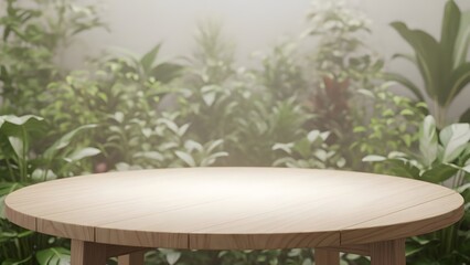 Round wooden table in a misty garden setting with lush green foliage in the background