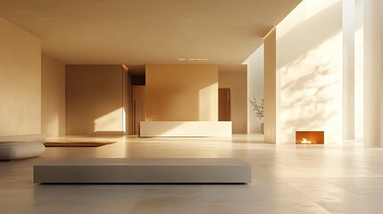 Naklejka premium Spacious contemporary living area showcasing minimalist design, a warm fireplace, and soft sunlight creating intricate shadow patterns, emphasizing tranquility and modern architectural elements