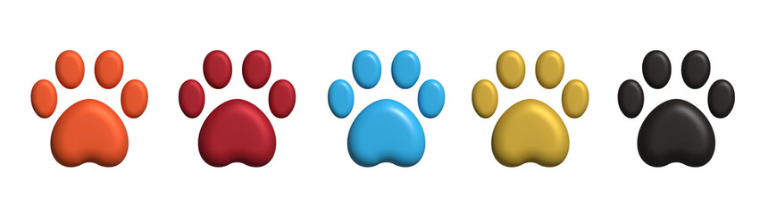 3D Paw Print Icons in Orange, Red, Blue, Gold and Black on Transparent Background. Ideal for Pet Brands, Apps, Logos, Social Media and Animal-Related Designs.