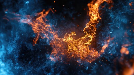 Dynamic swirl of red orange fiery currents colliding with cool blue particles, creating vibrant, high energy contrast and glowing fluid motion against a dark background