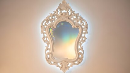 Ornate decorative mirror with intricate white frame mounted on a light-colored wall