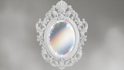 Ornate white oval mirror with intricate floral frame design against a soft gray background
