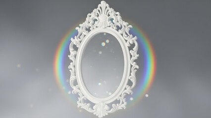 Ornate white mirror with rainbow halo against a cloudy sky background