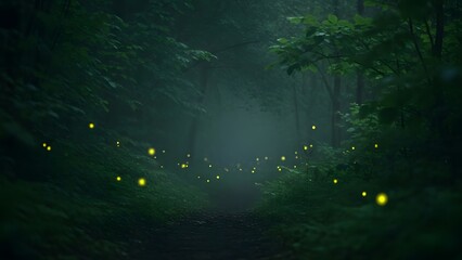 Fireflies glowing in a misty forest path at night