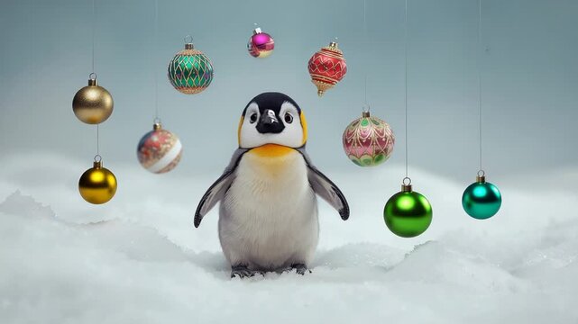 Reacting to breeze, plush penguin chick tilting head while standing on snowy set, baubles swaying