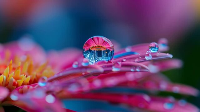 Ultra HD Macro shot of water droplets on pink flower petal with inverted city skyline reflection in the largest drop video