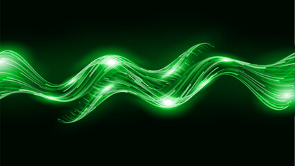 Green Glowing Dots Wave Lines Abstract Background. Futuristic Energy Flow, Digital Tech, Data Stream Design, Sustainable Renewable Energy Presentation Backdrop. Green Tech and Science Vector.