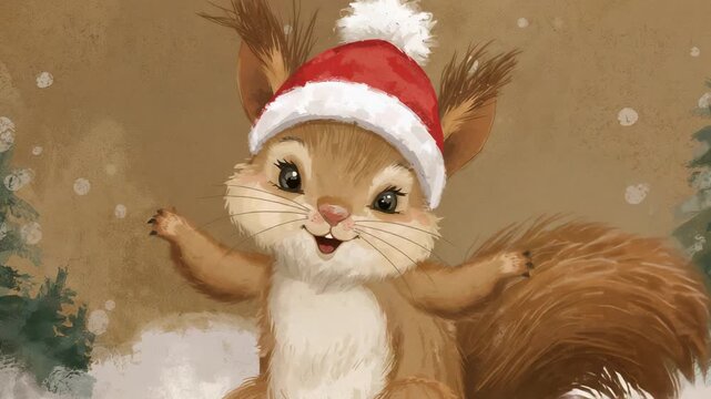 Noticing falling snow, squirrel raising paws into welcoming pose in forest glade, wearing Santa hat
