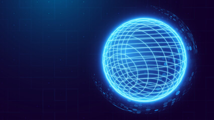 Abstract 3D Sphere of Neon Dots and Stripes. Hi-Tech Orb HUD Design Element. Global Network Connection. Abstract Globe Grid. Science and Technology Vector Illustration.  © ec0de