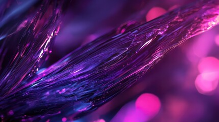 Abstract textured material forming a dynamic shape, catching vibrant purple and pink neon light with soft bokeh illuminating the background, ideal for technology and futuristic concepts