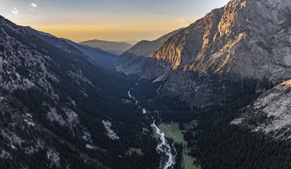 Aerial view, Green Mountain Valley, Chon Kyzyl Suu, Tien-Shan Mountains, Kyrgyzstan