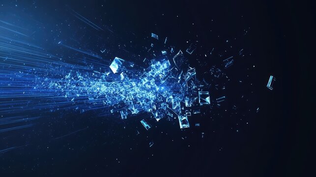 Abstract background presenting digital data exploding and scattering fragmented glass shards and bright light rays, symbolizing innovation, technological disruption, and dynamic transformation