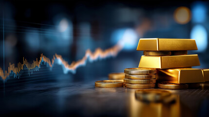 Stacks of gold bars with financial graph in background representing wealth investment and economic growth, bullion reserves display, market performance visualization, with copy space