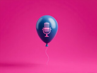 Obraz premium A vibrant magenta background highlights a floating blue balloon adorned with a pink microphone symbol, tied with a delicate string