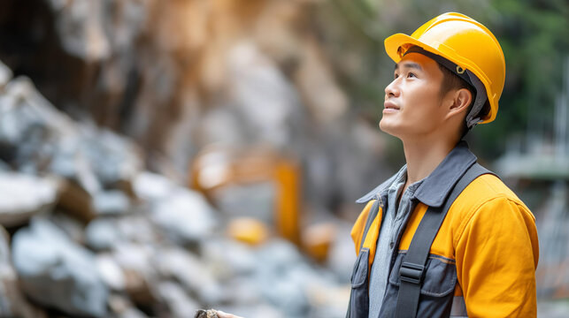 Faceless Asian miner professional, precious metal extraction worker, mining industry employee, mineral harvesting personnel, defocused mining professional, with copy space