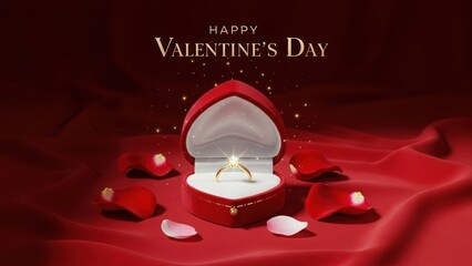 Valentine's day proposal with a diamond ring in a heart-shaped box and red rose petals