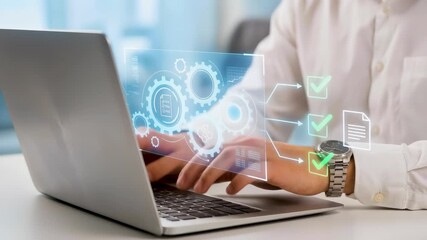 Businessman typing on laptop keyboard with digital document file and gear icon hologram for automated data processing system and workflow management efficiency in corporate office - Powered by Adobe