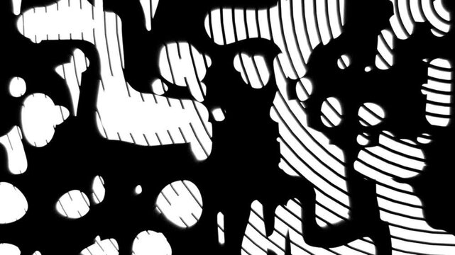 Abstract distorted neon white concentric circles with melting fluid texture on black background