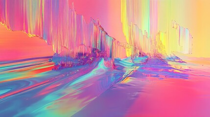 Abstract digital landscape showing vibrant colorful pixel sorting glitch art creating a dynamic and surreal visualization of data distortion and modern aesthetic