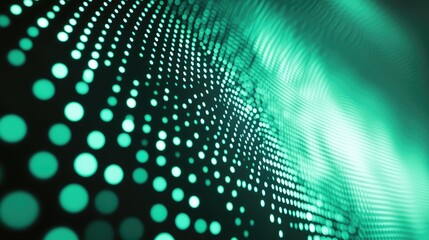 Green luminous dots create a flowing abstract pattern, representing data visualization, network connectivity, and future technology or artificial intelligence concepts
