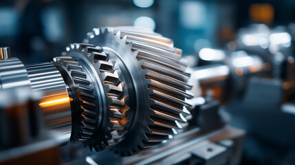 Fototapeta premium Closeup of interlocking gears rotating smoothly in complex mechanism, mechanical precision engineering, industrial machinery components, mechanical system operation, gear transmission detail,