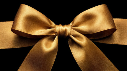 A luxurious golden satin ribbon with a soft texture, elegantly placed against a deep black background, perfect for premium Christmas packaging and decor