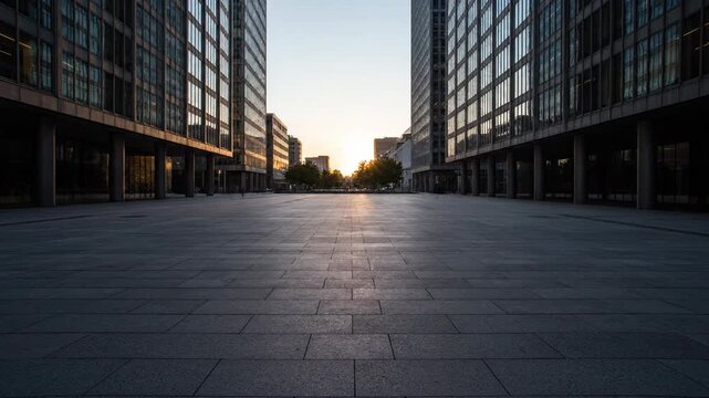 Urban Plaza Time Lapse Suns Golden Rays Transition to Dusk Between Modern Office Buildings.