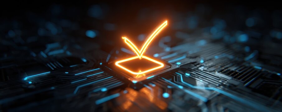 Digital Validation: A glowing check mark icon is the focal point, superimposed upon an intricate circuit board background. the image represent technology innovation and digital efficiency.
