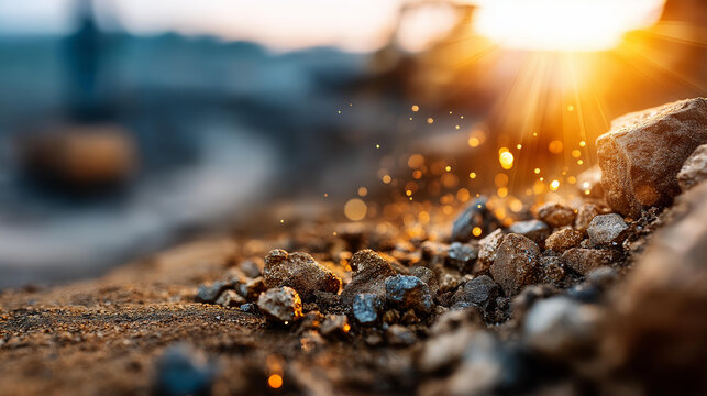 Soft focus foreground of open pit gold mining site, precious metal extraction operation, mineral mining landscape, defocused excavation area, industrial mining environment, with copy space