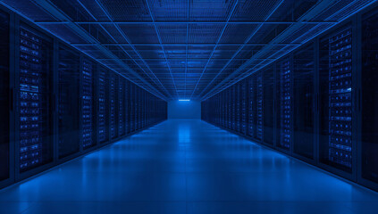 Endless blue server room corridor with racks of computers and glowing lights