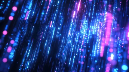 Abstract blue and pink light particles generating a dynamic digital data stream, representing information flow and connectivity in a futuristic technology background concept