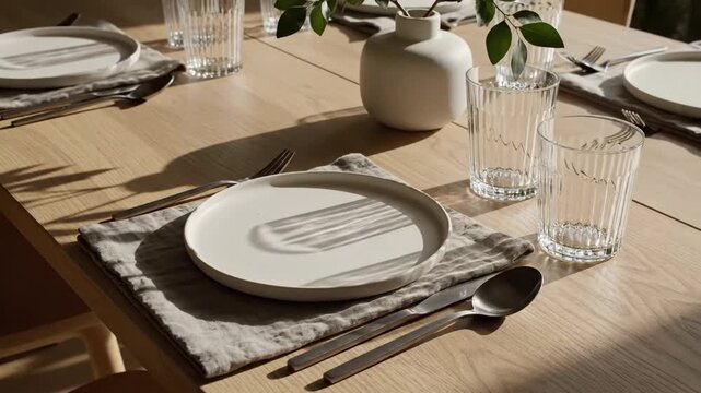 Warm Sunlight Dances on a Beautifully Set Modern Dining Table.