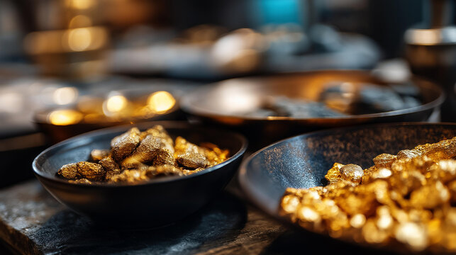 Golden bullion and gold nuggets in bowls create rich display of wealth, precious metal collection, financial asset showcase, investment commodity display, with copy space